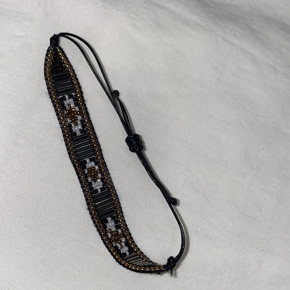 Gold black white and silver beads on black cord Adjustable Size Bracelet. - Picture 5 of 5